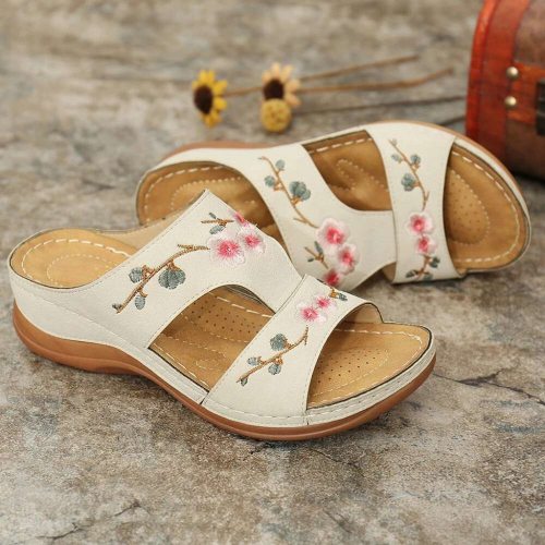 Women Slippers Summer Ladies Fashion Casual Wedge Heel Embroidery Flower Sandals Comfort Breathable Beach Shoes Plus Size D9#
