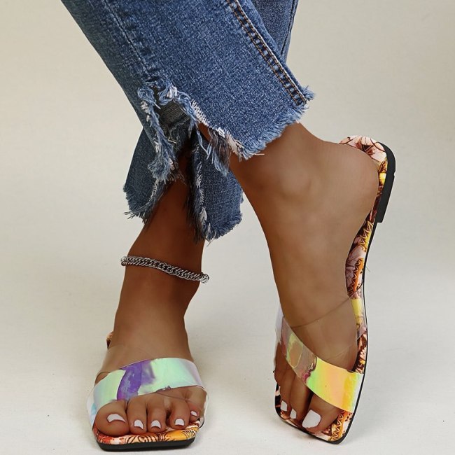 Slippers Women Summer Sandals Flat Shoes Cross Transparent Straps Butterfly Print Slippers 2021 New Beach Open Toe Flip Flops