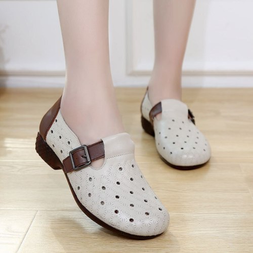 Casual Shoes Female Ladies Vulcanized Shoes Genuine Leather Buckle Strap 3CM Square High Heels Breathble Hollow out shoes woman