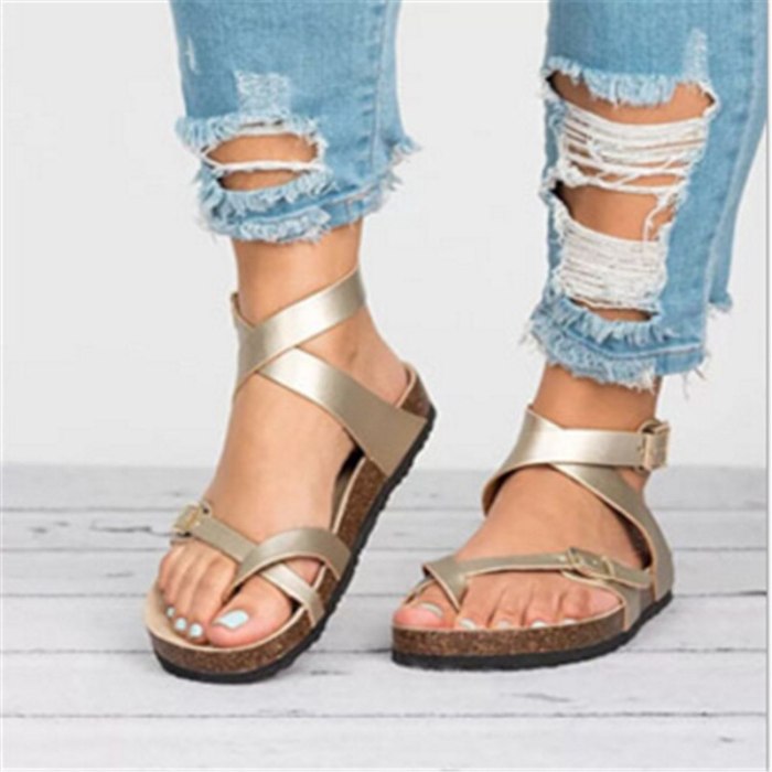 Women Roman Flat Gladiator Sandals Summer Lovers Strap Ankle Buckle Leather Cork Beach Sandals Black Gold Brown Plus Size43 2021