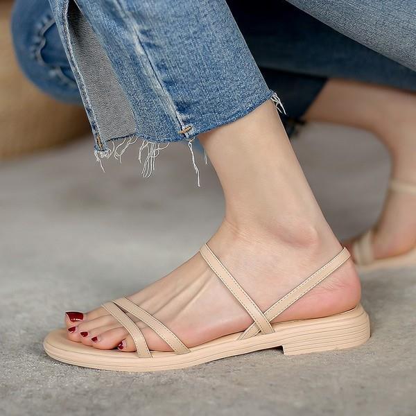 Comfort Shoes for Women 2021 Summer Sandals Straps Soft Suit Female Beige All-Match Clear Heels  Flat Outside Elastic Band Low B