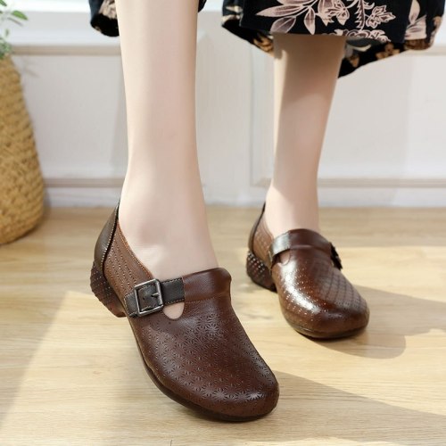 Casual Shoes Female Ladies Vulcanized Shoes Genuine Leather Buckle Strap 3CM Square High Heels Breathble Hollow out shoes woman