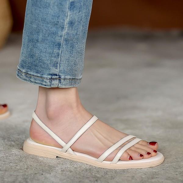 Comfort Shoes for Women 2021 Summer Sandals Straps Soft Suit Female Beige All-Match Clear Heels  Flat Outside Elastic Band Low B