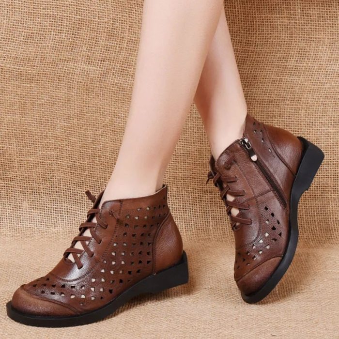 Leather retro round toe hollow short boots women 2021 spring and summer new first layer cowhide soft sole high-cut hole sandals