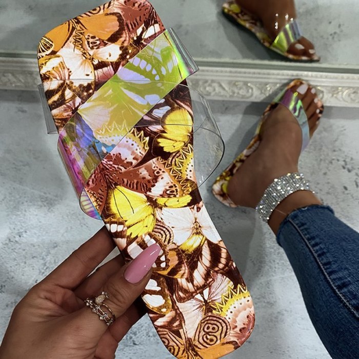 Slippers Women Summer Sandals Flat Shoes Cross Transparent Straps Butterfly Print Slippers 2021 New Beach Open Toe Flip Flops