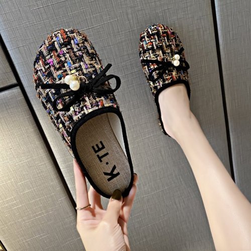 Shoes Cover Toe Woman's Slippers Low Slides Butterfly-Knot Fretwork Heels Fashion Loafers 2021 Flat Luxury Summer Rubber Fabric