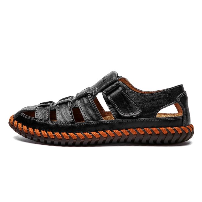 Summer Men Breathable Casual Black Flat Hook & Loop Sandals