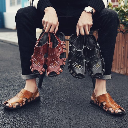 Summer Street Fashion Trendy Mens Leather Casual Sandals Breathable Cool Beach Sandals Soft Light Non-slip Slippers for Male