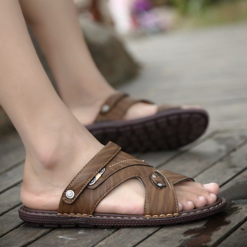 2021 New Summer Beach Men Flip Flops Pu Leather Slippers Male Flats Sandals Outdoor Rubber Thong Beach Shoes Men Leather Brand