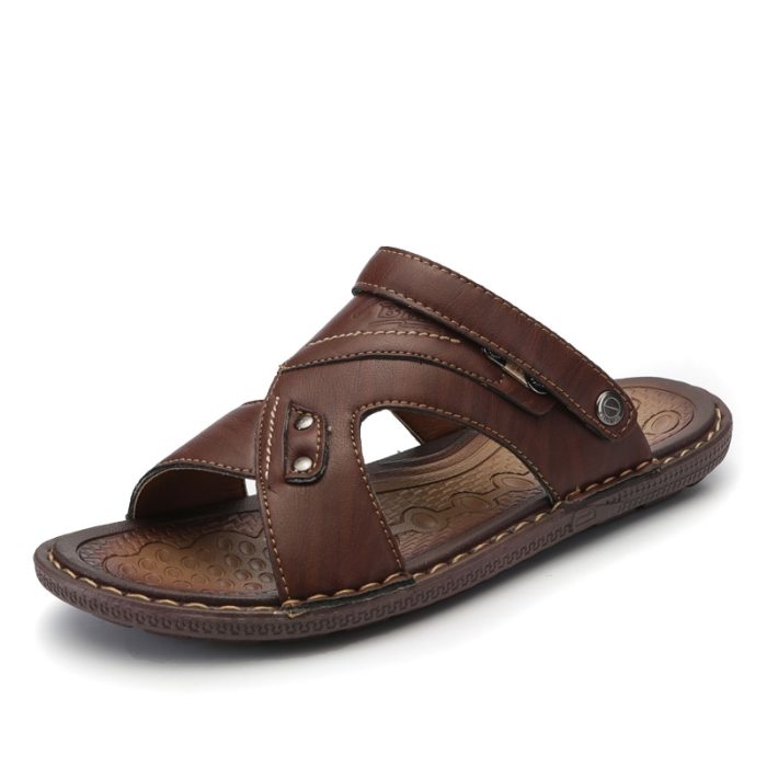 Summer Beach Men Flip Flops Pu Leather Flats Sandals