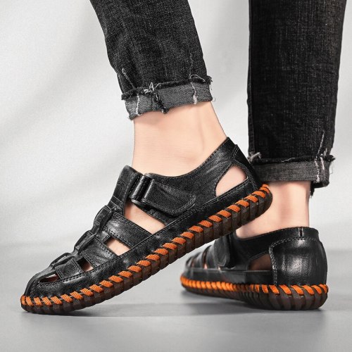 Summer Men Breathable Casual Black Flat Hook & Loop Sandals