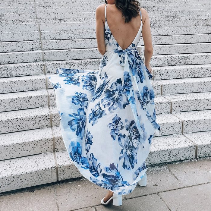 Women Sexy Backless Floral Printed Sleeveless Maxi Dress