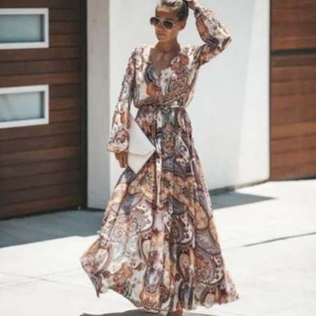Vintage Sexy Chiffon Long Dress Full Sleeve V-Neck Maxi Dress