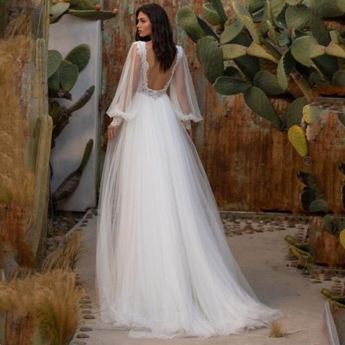 Eightree Deep V-Neck White Wedding Dress Sexy Backless Lace Tulle Party Long Sleeve Dress Simple 2021 Beach Wedding Dresses