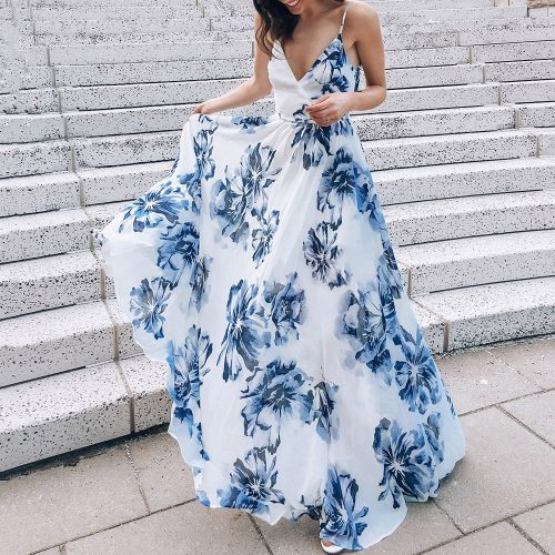 Women Sexy Backless Floral Printed Sleeveless Maxi Dress