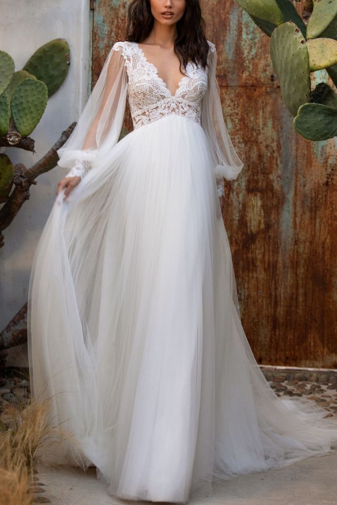 Eightree Deep V-Neck White Wedding Dress Sexy Backless Lace Tulle Party Long Sleeve Dress Simple 2021 Beach Wedding Dresses
