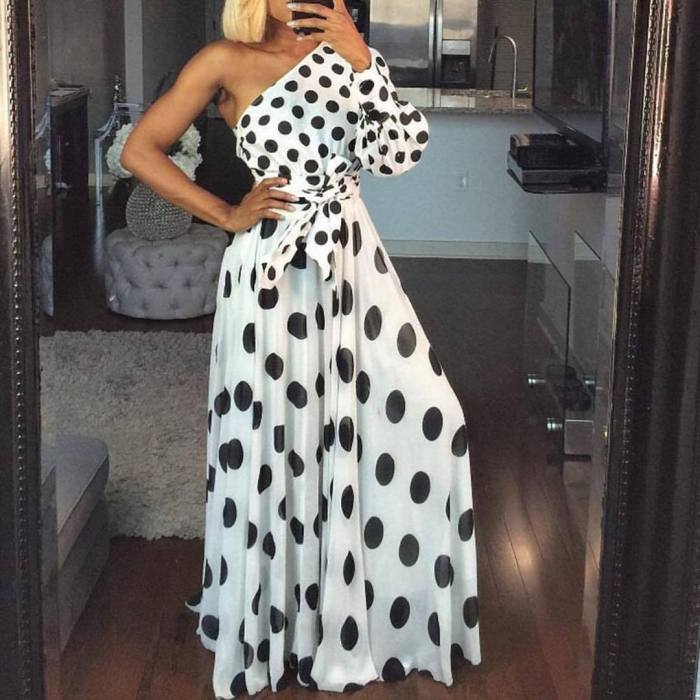 Women Polka Dot One Shoulder Asymmetry Big Swing Maxi Dress