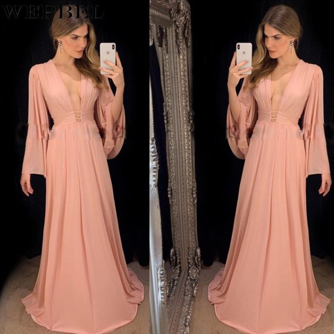 Women's Elegant Solid Color Flare Sleeve High Waist Maxi Dress