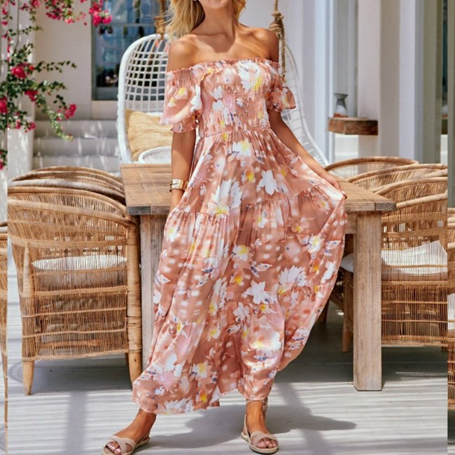 Vacation Beach Sexy Chiffon Printing One Shoulder Sleeve Maxi Dress