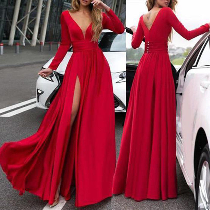 Women's Autumn Full Sleeve V-neck Empire Long Maxi Split Dress Party Evening Banquet Vestido Sundress New