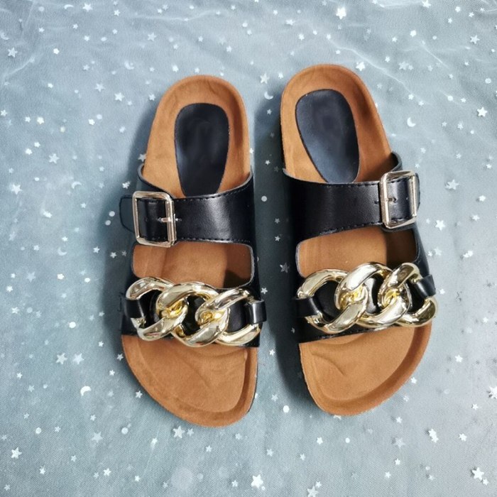 2021 Summer Beach Flats Sandals for Women Popular Metal Chain Flat Slippers Open Toe Fashion Buckle Shoes PU Leather White Black