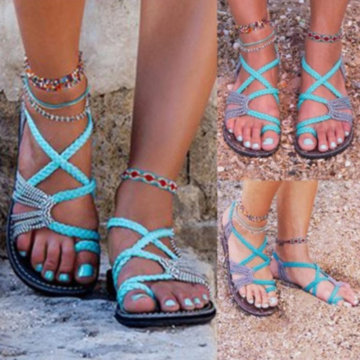 2021 Roman Summer Sandals Explosion Color Matching Rope Knot Beach Toe Sandals Women Plus Size 35-43
