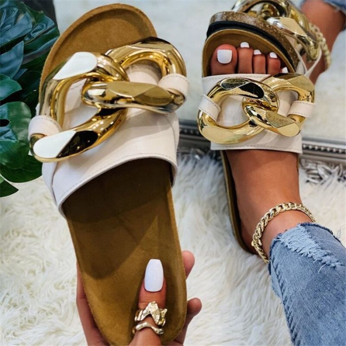 New Summer Women's Open Toe Sandals Casual Big Size Slippers Ladies Fashion Chain Slides Female Outdoor Luxury Beach Flip Flops