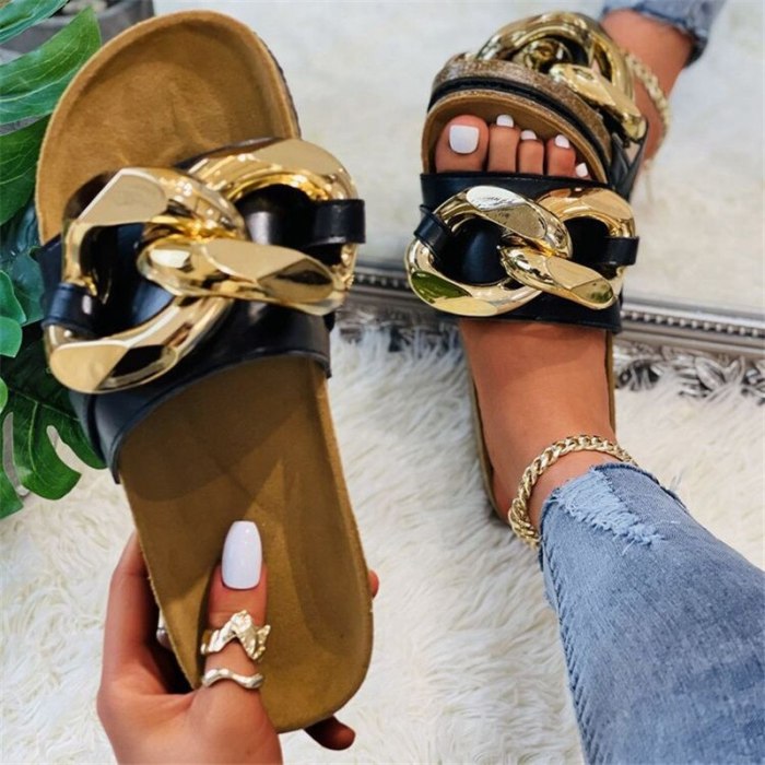 New Summer Women's Open Toe Sandals Casual Big Size Slippers Ladies Fashion Chain Slides Female Outdoor Luxury Beach Flip Flops