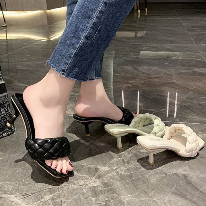 Summer Ladies Thin Heels Slippers Women's Flip Flops Pu Leather Female Waterproof Mid Heels Shoes Woman Square Toe Shoe 2021