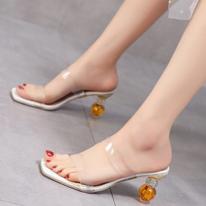 Summer Gladiator Sandals 2021 Strange Heel Women Sandals Square Toe Transparency PVC Sandals Ladies Mules Feminina Casual Slides