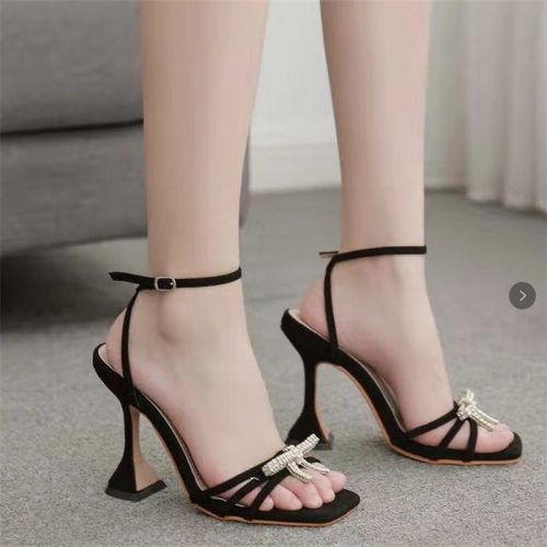 Women's Sandals 2021 Ankle Strap Sexy Square Toe Butterfly-knot Crystal Design Transparent Heel Shoes Stiletto Wedding Shoes