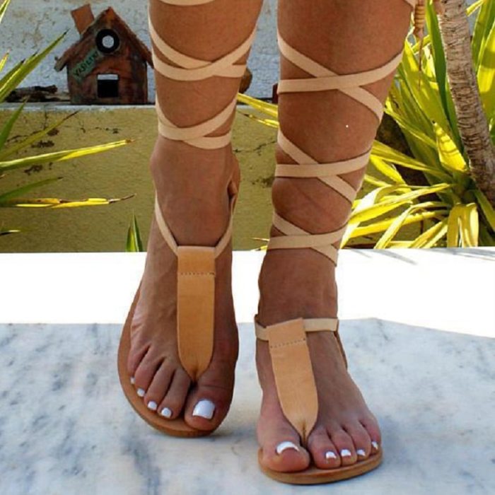 2021 Summer Women Sandals Roman Gladiator Bandage Sandals Knee Flats Slides Fashion Women Shoes Girls Beach Shoes Plus Size