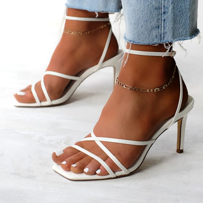 Women Sandals Square Toe Summer Thick High Heels Shoes Ladies Fashion Party Slip On Woman Footwear 2021 New Female Plus Size
