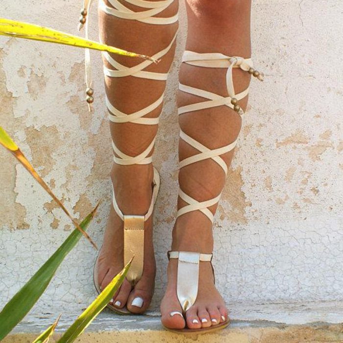 2021 Summer Women Sandals Roman Gladiator Bandage Sandals Knee Flats Slides Fashion Women Shoes Girls Beach Shoes Plus Size