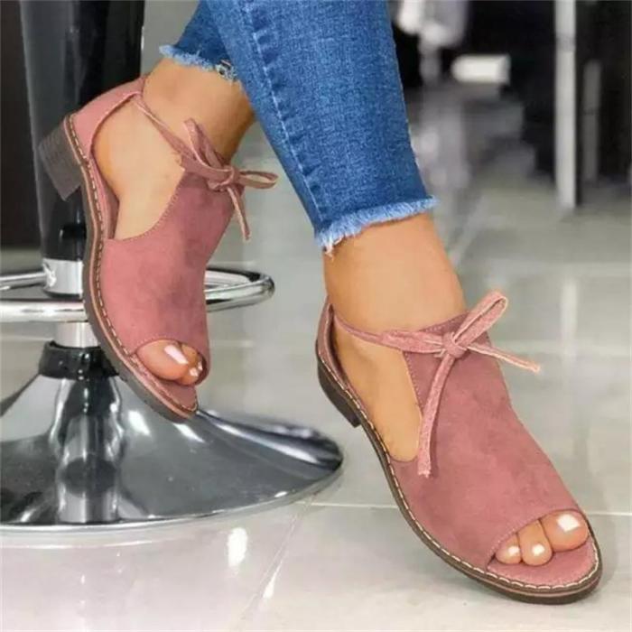 2021 New Women's Shoes Fashion Casual Solid Color Imitation Suede Bow Tie Round Toe Low Heel Comfortable Sexy Sandals 6KF125