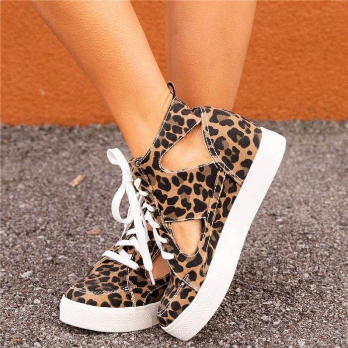 Sneaker for Women Big Size 43 Shoe Leopard Fashion Vulcanized Woman Hollow Out Shoes Female Comfort Lace Up Flat Ladies Footwear