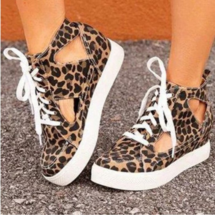 Sneaker for Women Big Size 43 Shoe Leopard Fashion Vulcanized Woman Hollow Out Shoes Female Comfort Lace Up Flat Ladies Footwear
