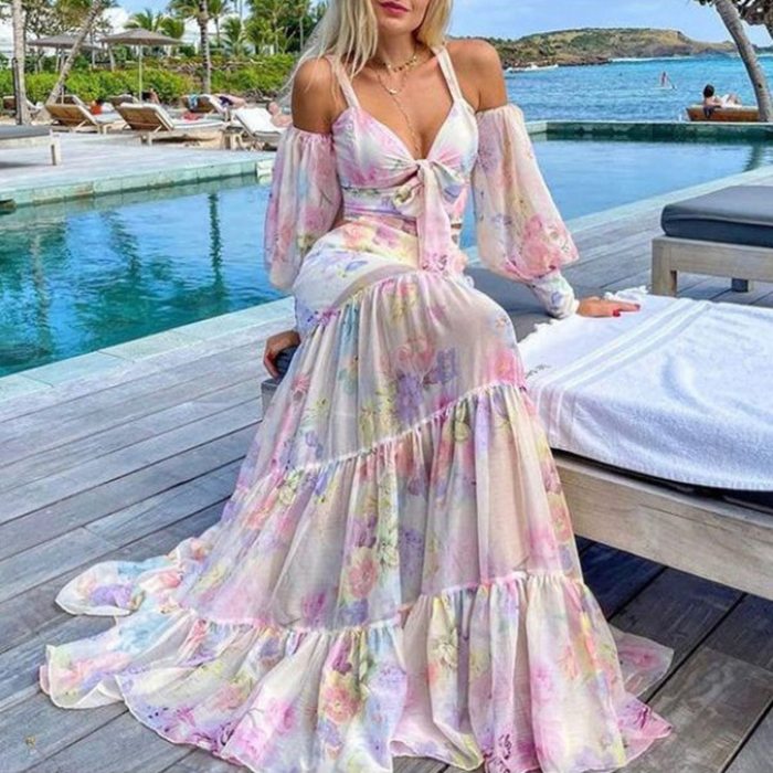 Women Casual Sexy Print Elegant Loose Banding Maxi Dress