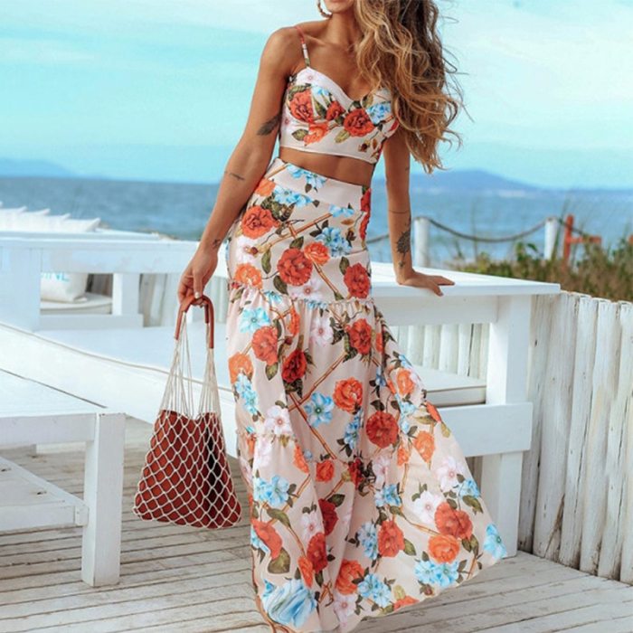 Summer New Style Elegant Suit Two-piece Sexy Suspender Top Long Skirt