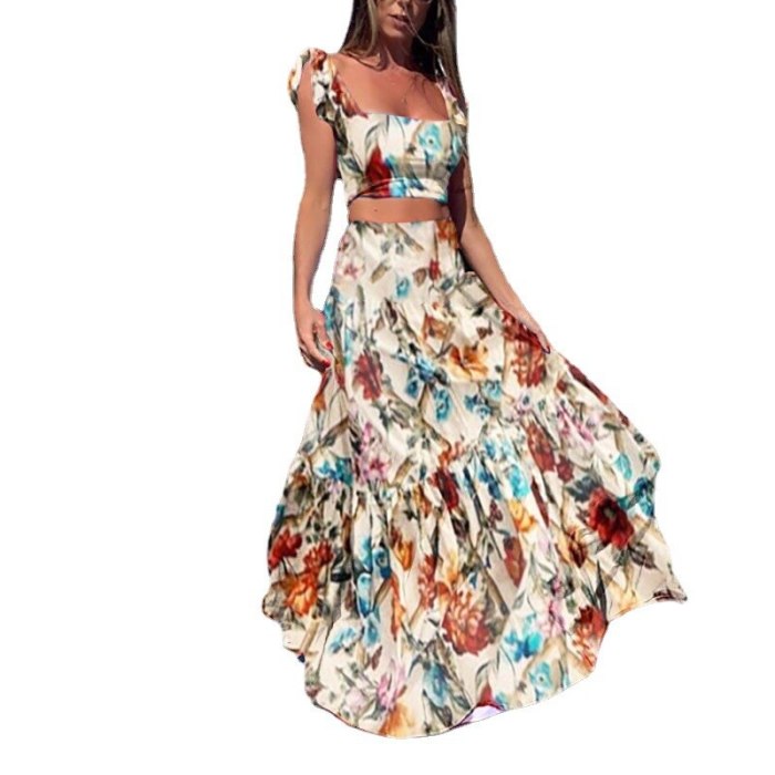 Two-Piece Outfit Boho Sexy Vintage Floral-Print Crop Top & Maxi Skirt