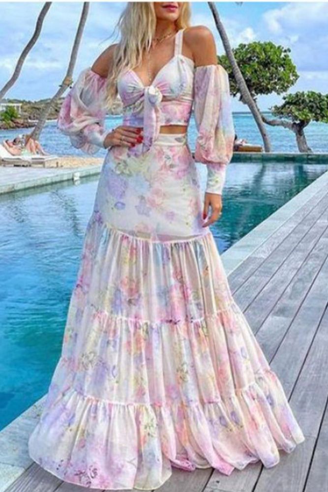 Women Casual Sexy Print Elegant Loose Banding Maxi Dress