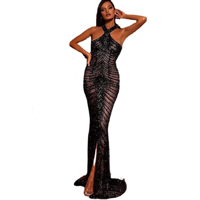 Long Sheer Black Dress Mermaid Beaded Halter Neck Cross Open Back Front Slit Custom Made Formal Dresses