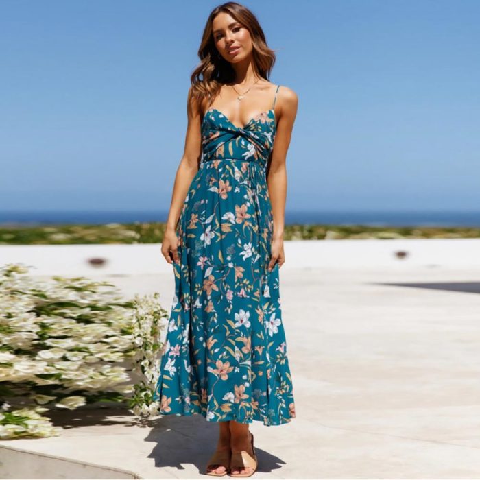2021 Boho Sleeveless Long Dress Women Summer Sexy V-neck Casual Spaghetti Straps Print Ladies Beach Dress Vestidos