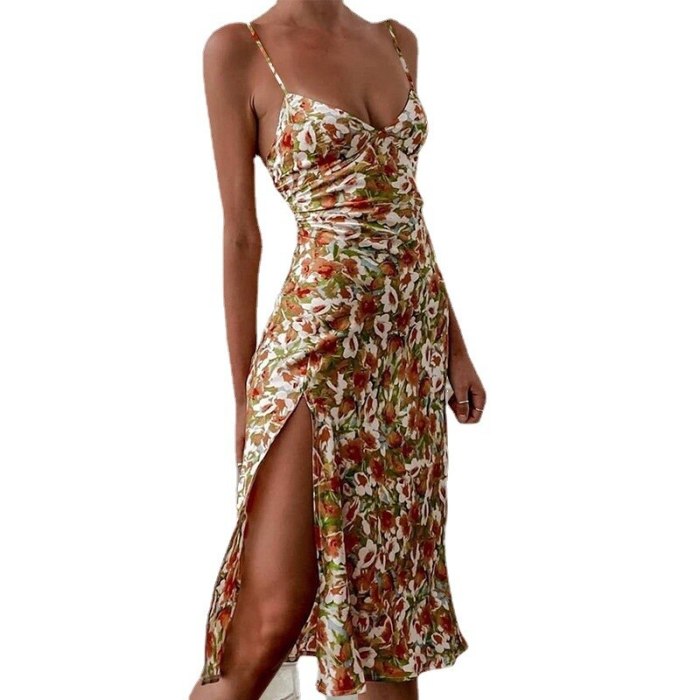 2021 summer feminine sling floral split casual dress