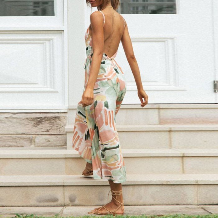 2021 Summer New Bohemia Casual Printing Backless High Waist Fashion Sexy Jumpsuit V-neck Sleeveless Loose Casual