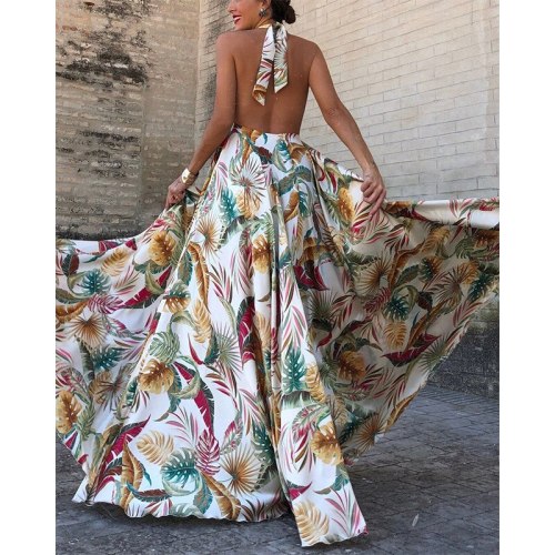 Women's Bohemia Style Floral Printing Sleeveless Lacing Loose High Waist Maxi Dress