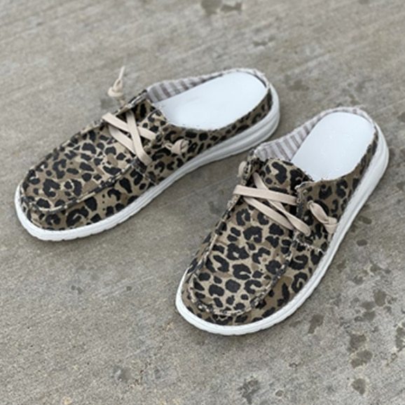 Summer Women Leopard Slippers Flat Lace-Up Canvas Ladies Fashion Solid Color Flat Sandals Outdoor Casual Comfy Female Footwear
