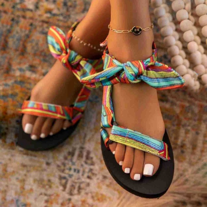 New Women Sandals Color Flat Casual Lace Up Bow Shoes for Ladies Summer Fashion 2021 Outdoor Leopard Beach  Mujer