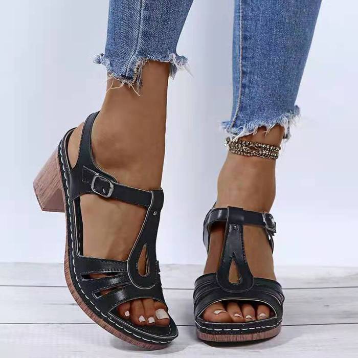 Summer New PU Leather Sewing Sandal Open Toe Pumps Ladies Dress Party High Heels Female Slipper Women's Sandals Women Shoes