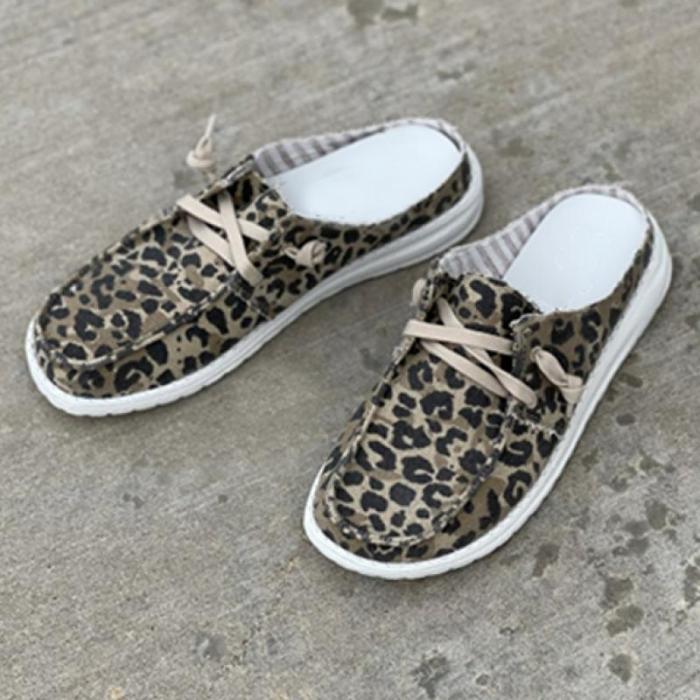 Summer Women Leopard Slippers Flat Lace-Up Canvas Ladies Fashion Solid Color Flat Sandals Outdoor Casual Comfy Female Footwear